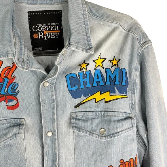 Copper Rivet Light Blue Denim Shirt Snap Button Graphic Prints Large - Picture 6 of 12